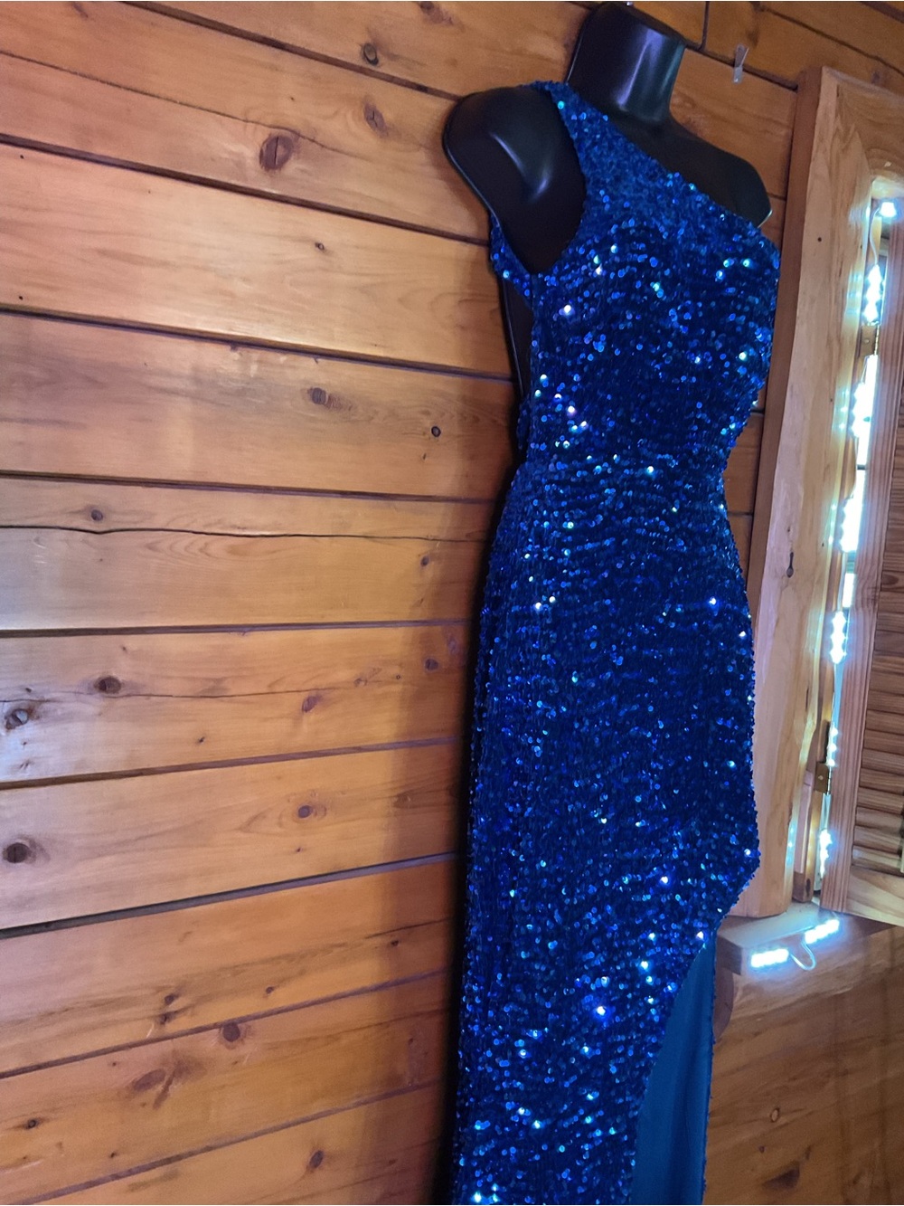 One-Shoulder Navy Sequin Evening Gown w/ slit hem and Open Back - Picture 9 of 14